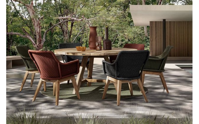 Bordowe i Oliwkowe krzesło obiadowe z podstawą teak i siedziskiem z liny polipropylenowej ALLISON bizzotto