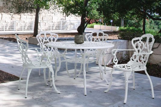 Biały okrągły komplet stołowy z aluminium odlewanego stół 110 cm i 4 krzesła VICTORIA bizzotto