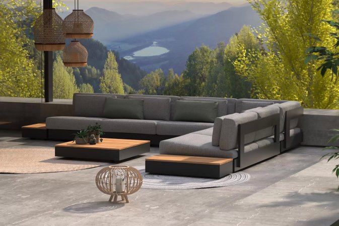 Modułowy platfromowy ekskluzywny narożnik na taras ciemnoszary / teak IBIZA 4SO