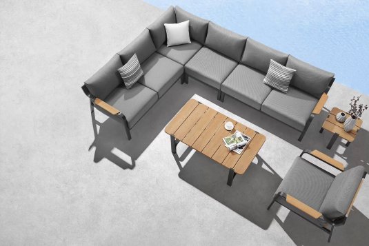 Stylowy szary narożnik z dodatkami teak i liny polipropylenowej VISCONTI Higold