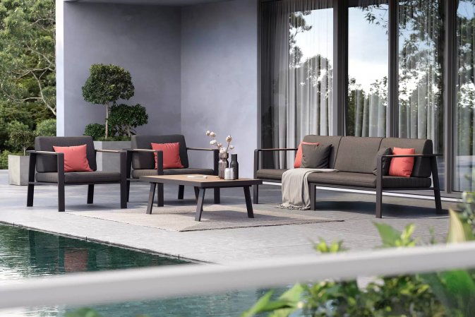 Czarny komplet wypoczynkowy aluminiowy z poduszkami Olefin NOFI Lounge Higold