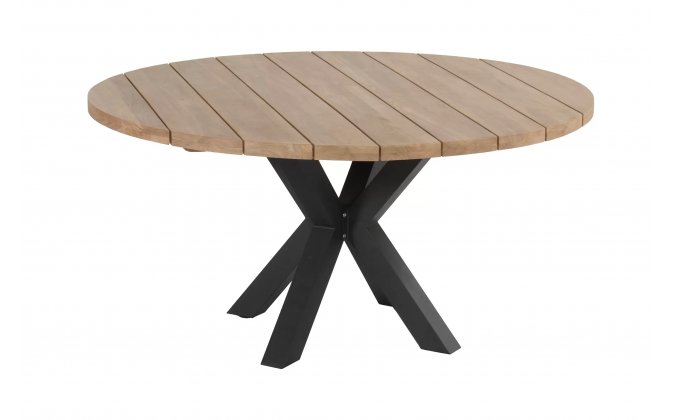 Okrągły stół ogrodowy 130 cm czarne nogi blat drewno teakowe STEPHANIE Hartman