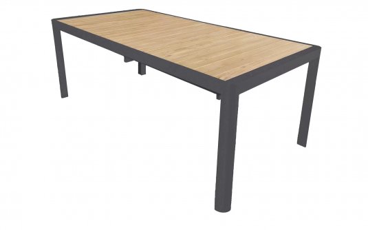Ciemnoszary rozkładany stół ogrodowy aluminiowy z blatem teak ANELLE