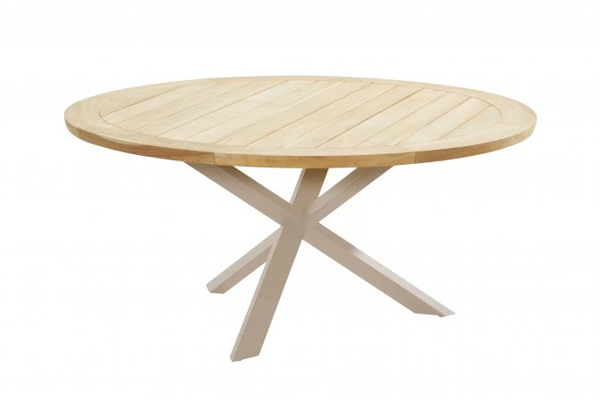 Okrągły stół ogrodowy podstawa krzyżowa beżowe aluminium blat teak średnica 160 cm PRADO 4SO