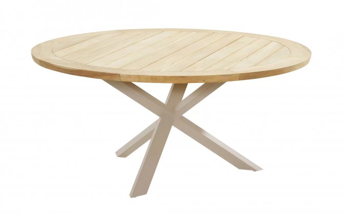 Okrągły stół ogrodowy podstawa krzyżowa beżowe aluminium blat teak średnica 160 cm PRADO 4SO