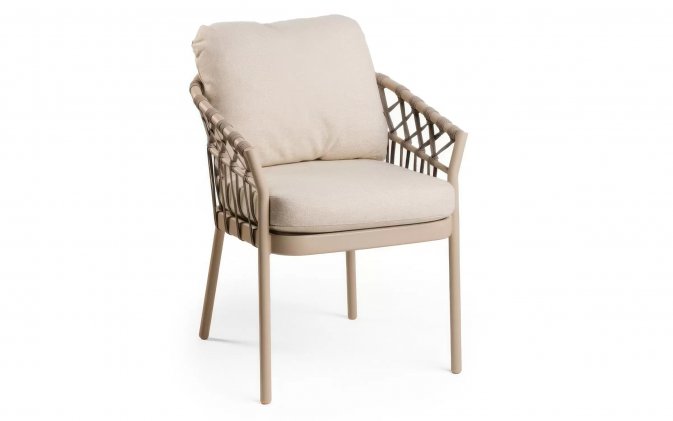 Nowoczesne krzesło aluminiowe ogrodowe beżowe z poduszkami na siedzisku i oparciu nevada