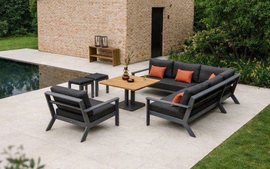 Duży narożnik ogrodowe aluminiowe grafitowy ciemno szarymi poduszkami Andes