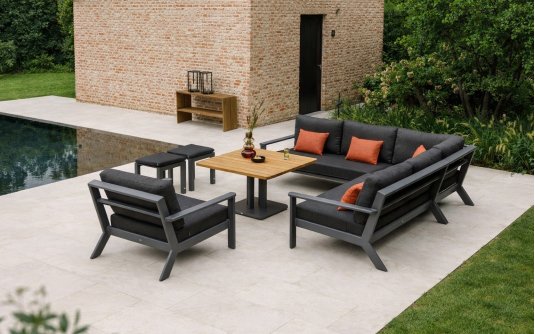 Duży narożnik ogrodowe aluminiowe grafitowy ciemno szarymi poduszkami Andes