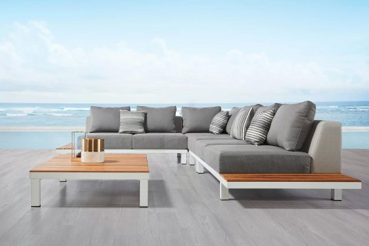 Platformowy narożnik na taras białe alu teak POLO higold