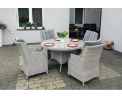 Jasnoszary zestaw stołowy technorattanowy z okrągłym stołem ⌀110 cm i 4 fotele ASTI