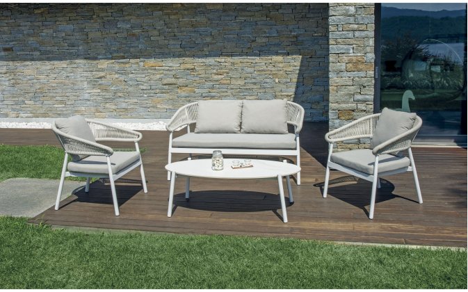 CAP-FERRAT zestaw wypoczynkowy ogrodowy aluminium lina gres biały