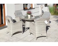 Jasnoszare meble stołowe ogrodowe technorattan stół ⌀110 + 4 fotele z poduszkami