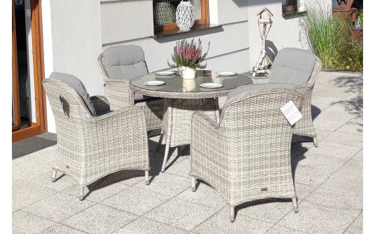 Jasnoszare meble stołowe ogrodowe technorattan stół ⌀110 + 4 fotele z poduszkami Jasnoszare meble stołowe ogrodowe technorattan stół ⌀110 + 4 fotele z poduszkami