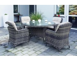Szarobrązowe meble stołowe ogrodowe technorattan stół ⌀135 + 4 fotele z poduszkami