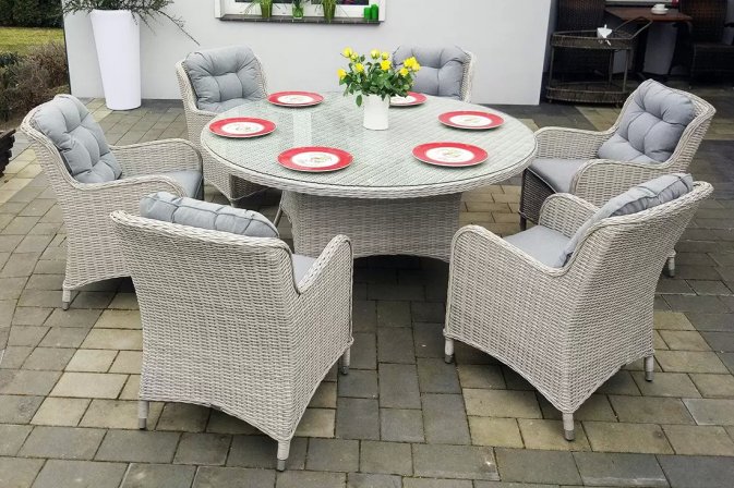 Jasnoszary zestaw ogrodowy okrągły stół ⌀160 i 6 foteli technorattan