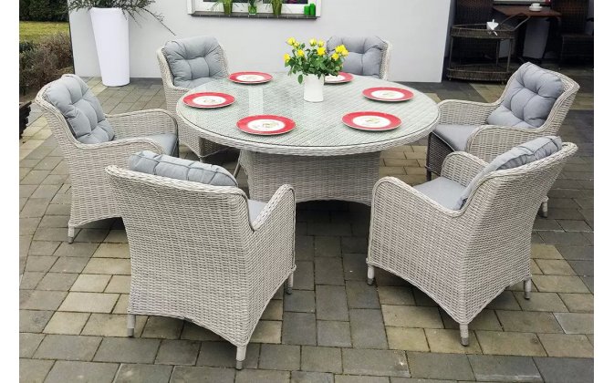 Jasnoszary zestaw ogrodowy okrągły stół ⌀160 i 6 foteli technorattan