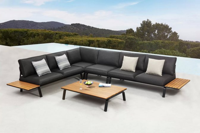 Graitowy nowoczesny platfromowy narożnik aluminowo-teakowy PUNTO Higold