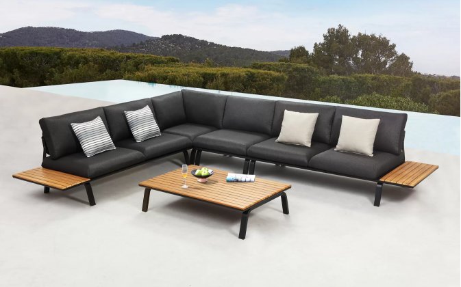 Graitowy nowoczesny platfromowy narożnik aluminowo-teakowy PUNTO Higold