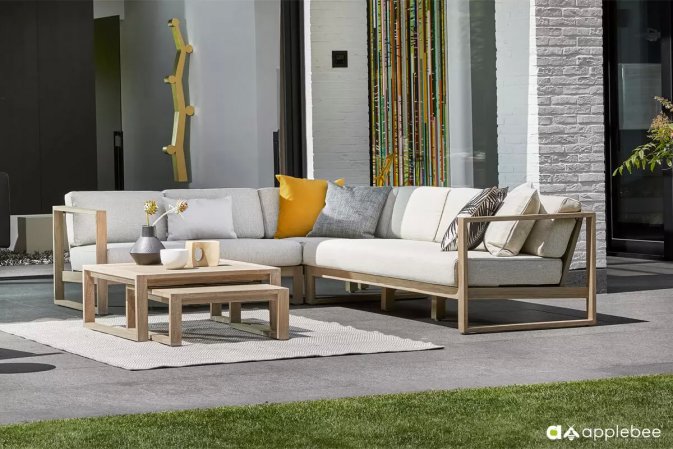 Teakowy narożnik na taras z beżowymi poduszkami ANTIGUA AppleBee