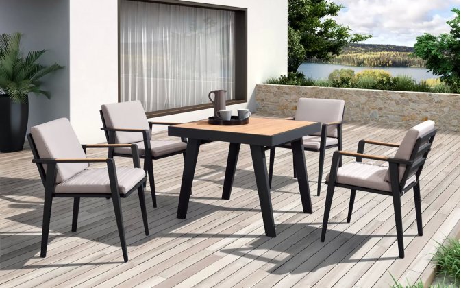Komplet stołowy dla 4 osób antracytowy aluminiowy teak EMOTI Dining Small
