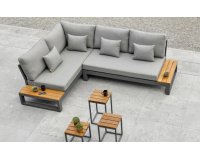 Narożnik aluminiowy grafitowy z bocznymi stolikami teak SOHO Life poduszki szare