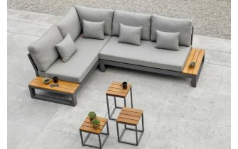 Narożnik aluminiowy grafitowy z bocznymi stolikami teak SOHO Life poduszki szare