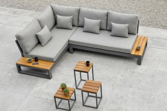 Narożnik aluminiowy grafitowy z bocznymi stolikami teak SOHO Life poduszki szare