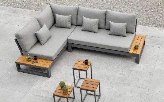 Narożnik aluminiowy grafitowy z bocznymi stolikami teak SOHO Life poduszki szare