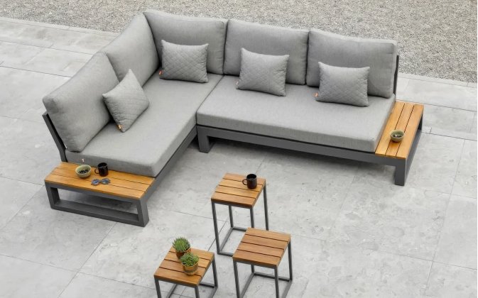 Narożnik aluminiowy grafitowy z bocznymi stolikami teak SOHO Life poduszki szare