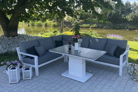 Narożnik Timber 222x222 aluminiowy biały poduszki Mist Grey Soltex