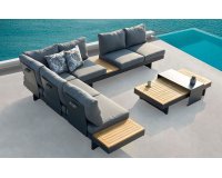 Duży nrożnik ogrodowy modułowy BARBADOS aluminiowy grafitowy / elementy teak / poduszki szare Olefin