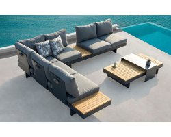 Duży nrożnik ogrodowy modułowy BARBADOS aluminiowy grafitowy / elementy teak / poduszki szare Olefin