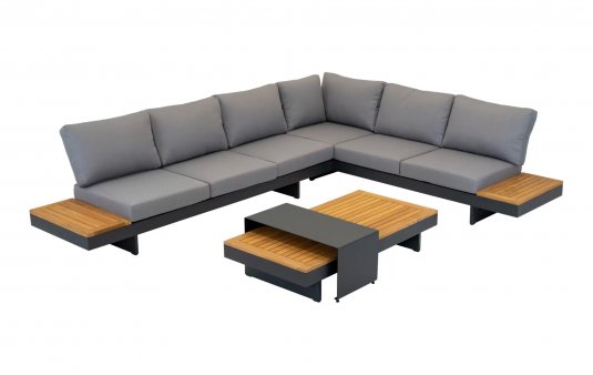 Narożnik modułowy BARBADOS aluminiowy grafitowy / elementy teak / poduszki szare Olefin