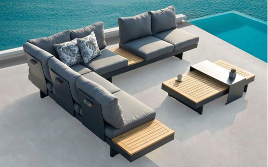 Duży nrożnik ogrodowy modułowy BARBADOS aluminiowy grafitowy / elementy teak / poduszki szare Olefin Duży nrożnik ogrodowy modułowy BARBADOS aluminiowy grafitowy / elementy teak / poduszki szare Olefin