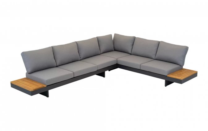 Narożnik modułowy BARBADOS aluminiowy grafitowy / elementy teak / poduszki szare Olefin