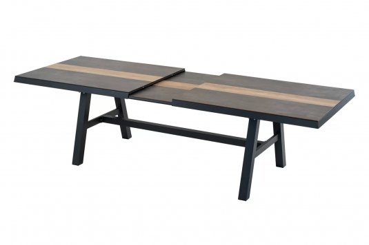 Rozkładany grafitowy stół BRIXTON 243-303 aluminiowy blat HPL beton-drewno