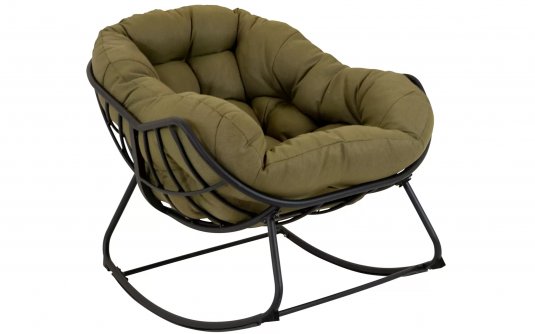 Nowoczesny fotel bujany wypoczynkowy COZY nogi czarne poduszka Olefin OLIWKOWY