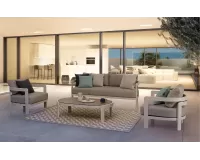 Biały komplet ogrodowy wypoczynkowy aluminiowy PRESLEY poduszki szarobeżowe bizzotto