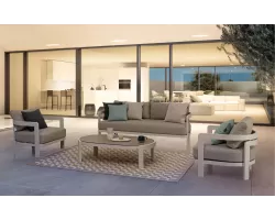 Biały komplet ogrodowy wypoczynkowy aluminiowy PRESLEY poduszki szarobeżowe bizzotto