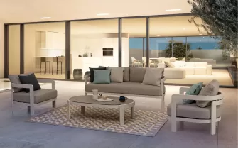 Biały komplet ogrodowy wypoczynkowy aluminiowy PRESLEY poduszki szarobeżowe bizzotto