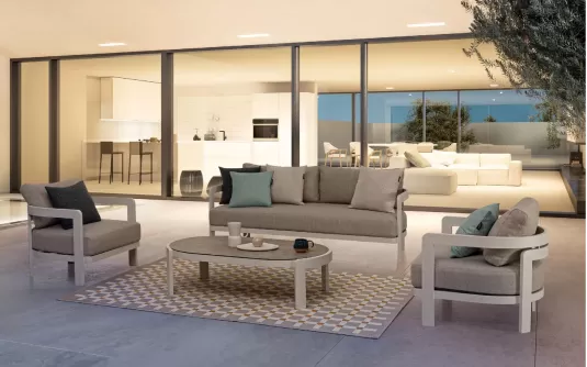 Biały komplet ogrodowy wypoczynkowy aluminiowy PRESLEY poduszki szarobeżowe bizzotto