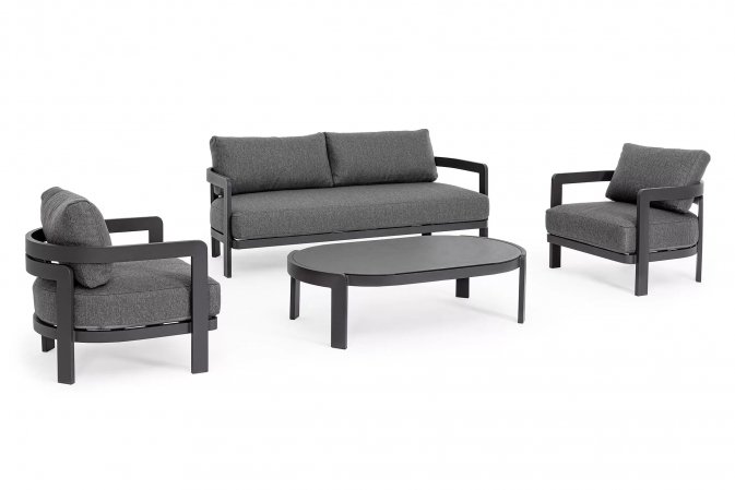 Nowoczesny komplet wypoczynkowy aluminiowy PRESLEY kolor grafitowy poduszki szare bizzotto