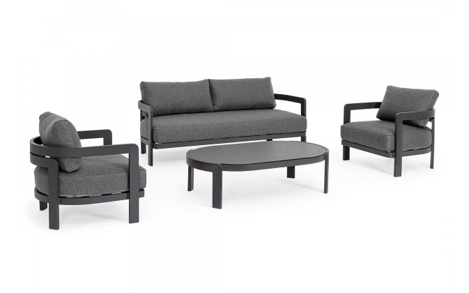 Nowoczesny komplet wypoczynkowy aluminiowy PRESLEY kolor grafitowy poduszki szare bizzotto