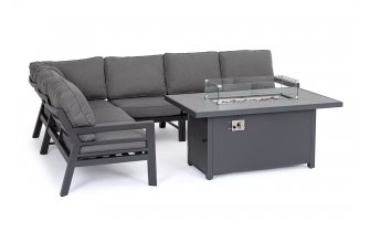 Aluminiowy narożnik ogrodowy HENDRIX grafitowy nowoczesny ze stolikiem z kominkiem gazowym 