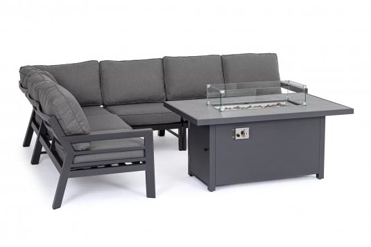 Aluminiowy narożnik ogrodowy HENDRIX grafitowy nowoczesny ze stolikiem z kominkiem gazowym