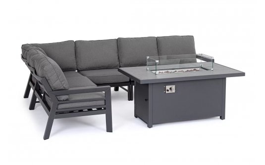 Aluminiowy narożnik ogrodowy HENDRIX grafitowy nowoczesny ze stolikiem z kominkiem gazowym Aluminiowy narożnik ogrodowy HENDRIX grafitowy nowoczesny ze stolikiem z kominkiem gazowym
