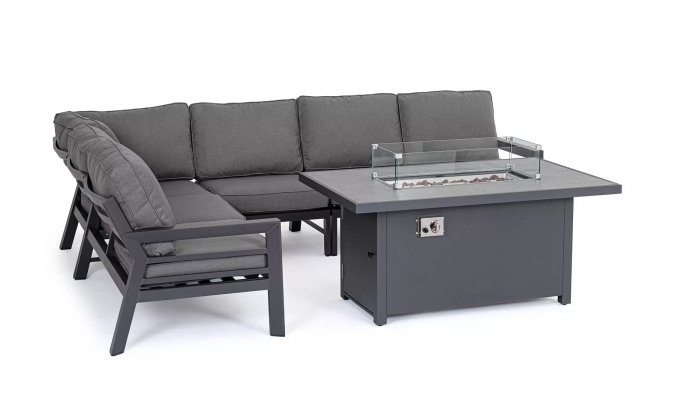Aluminiowy narożnik ogrodowy HENDRIX grafitowy nowoczesny ze stolikiem z kominkiem gazowym 