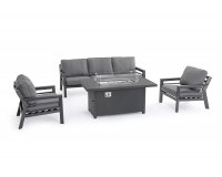 Aluminiowy komplet wypoczynkowy ogrodowy HENDRIX grafitowy nowoczesny ze stolikiem z kominkiem gazowym 
