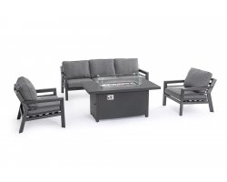 Aluminiowy komplet wypoczynkowy ogrodowy HENDRIX grafitowy nowoczesny ze stolikiem z kominkiem gazowym 
