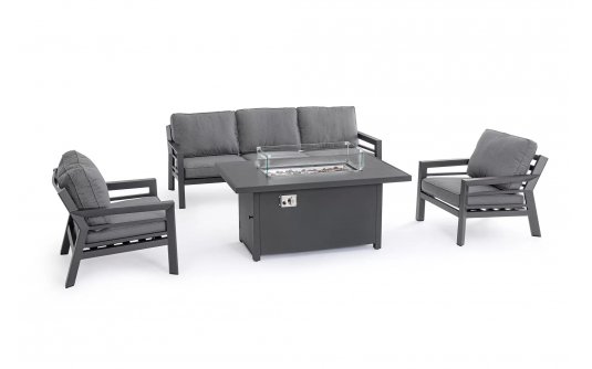 Aluminiowy komplet wypoczynkowy ogrodowy HENDRIX grafitowy nowoczesny ze stolikiem z kominkiem gazowym 